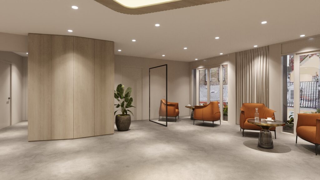 Geplanter Patientenwartebereich mit Raumteilern in der Praxis Dr. med. Stephan Meyer-Schwickerath