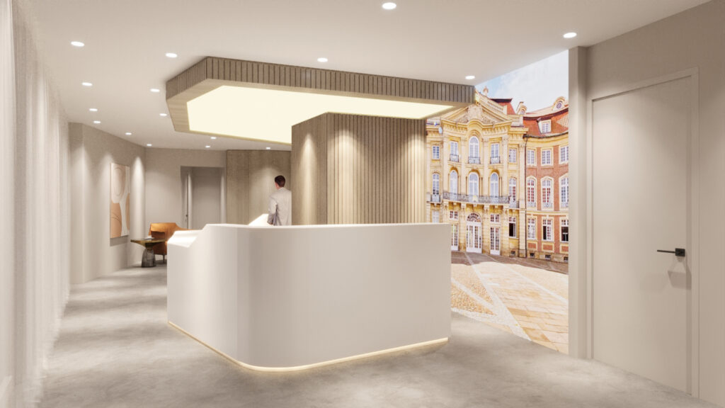 Geplanter Empfangsbereich der Praxis Dr. med. Stephan Meyer-Schwickerath – Ansicht von rechts